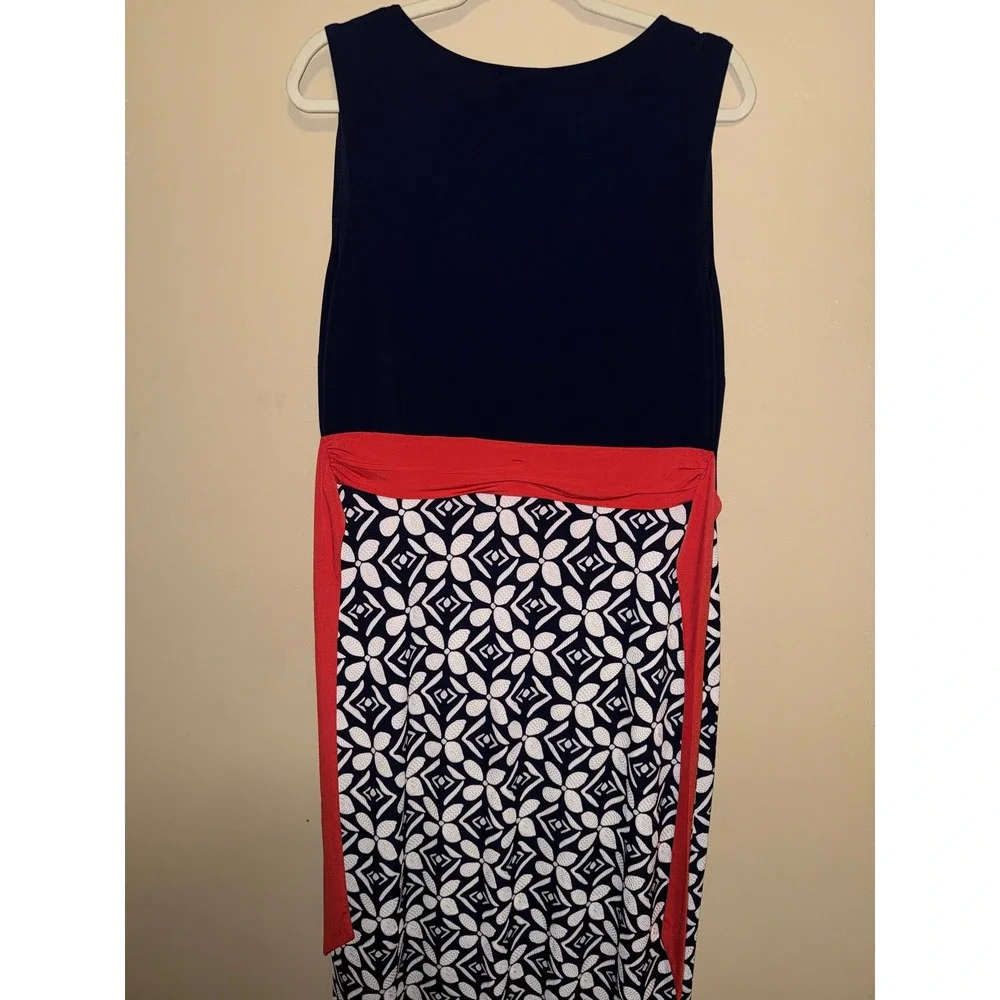 Navy Blue‎ Geometric Maxi Dress Orange Waist Tie Womens 16W Nautical Vacation